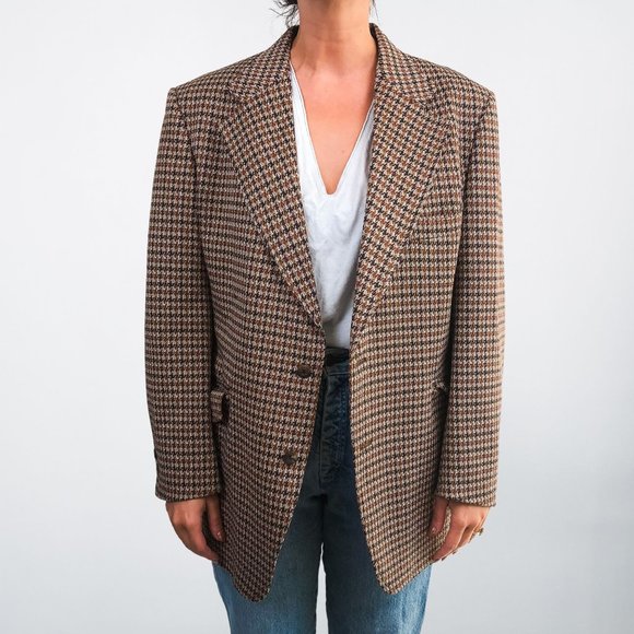 American Vintage Jackets & Blazers - Vintage Brown & Orange Structured Houndstooth Button Up Blazer - M OR L